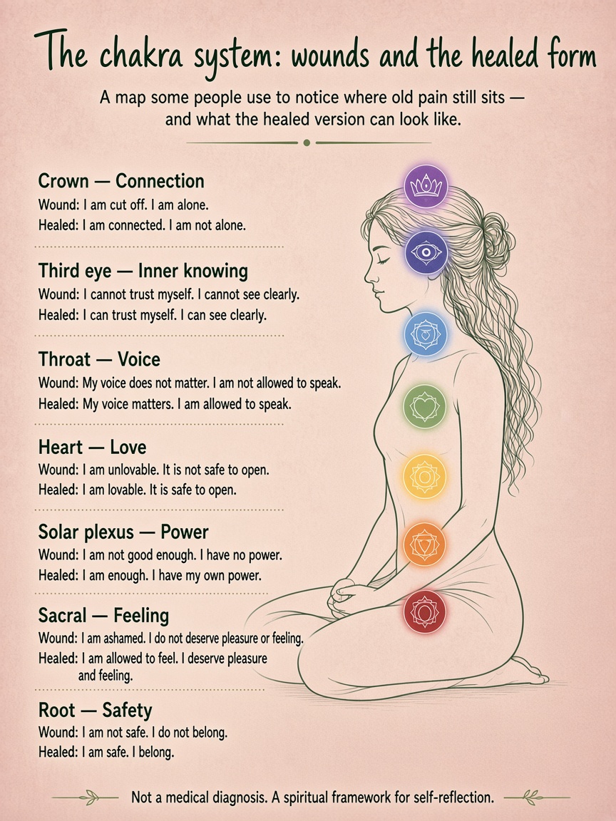 A seated figure in profile with seven coloured discs down the body, from violet at the crown to red at the root. Each chakra is named below, with both the core wound and the healed form.